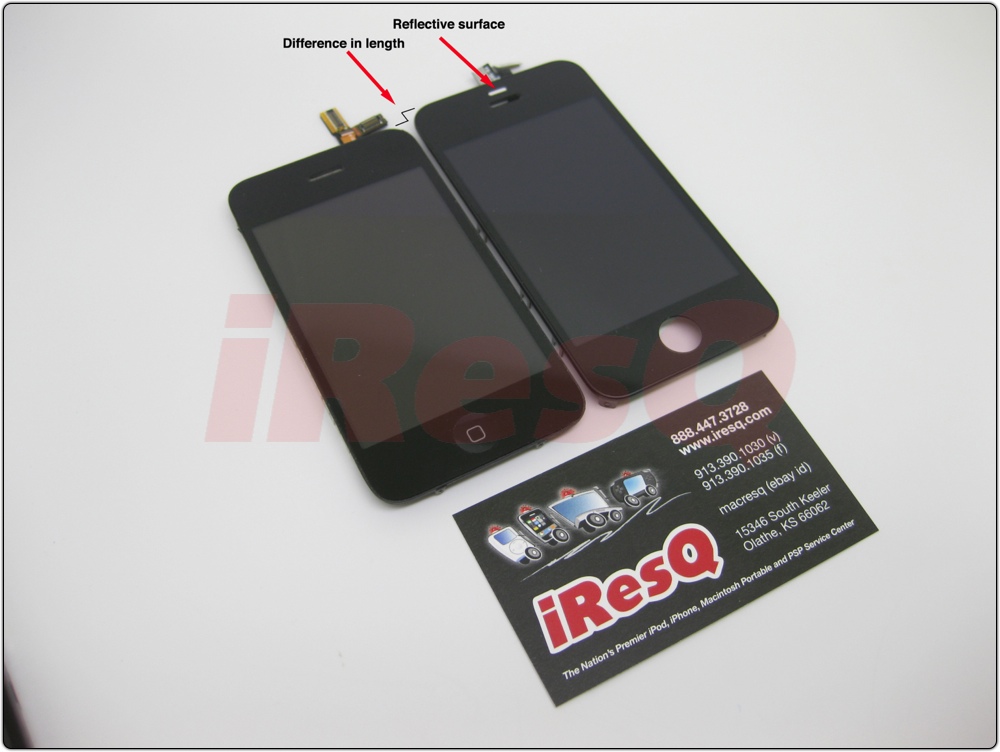 On the left, the iPhone 3GS front panel. On the right, the iPhone 4G front panel assembly. Note the difference in length and the reflective surface above the speaker, presumably for the proximity sensor.
