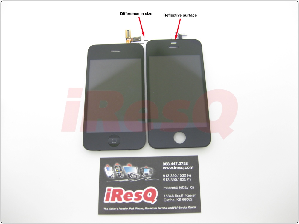 On the left, the iPhone 3GS front panel. On the right, the iPhone 4G front panel assembly. Note the difference in length and the reflective surface above the speaker, presumably for the proximity sensor.